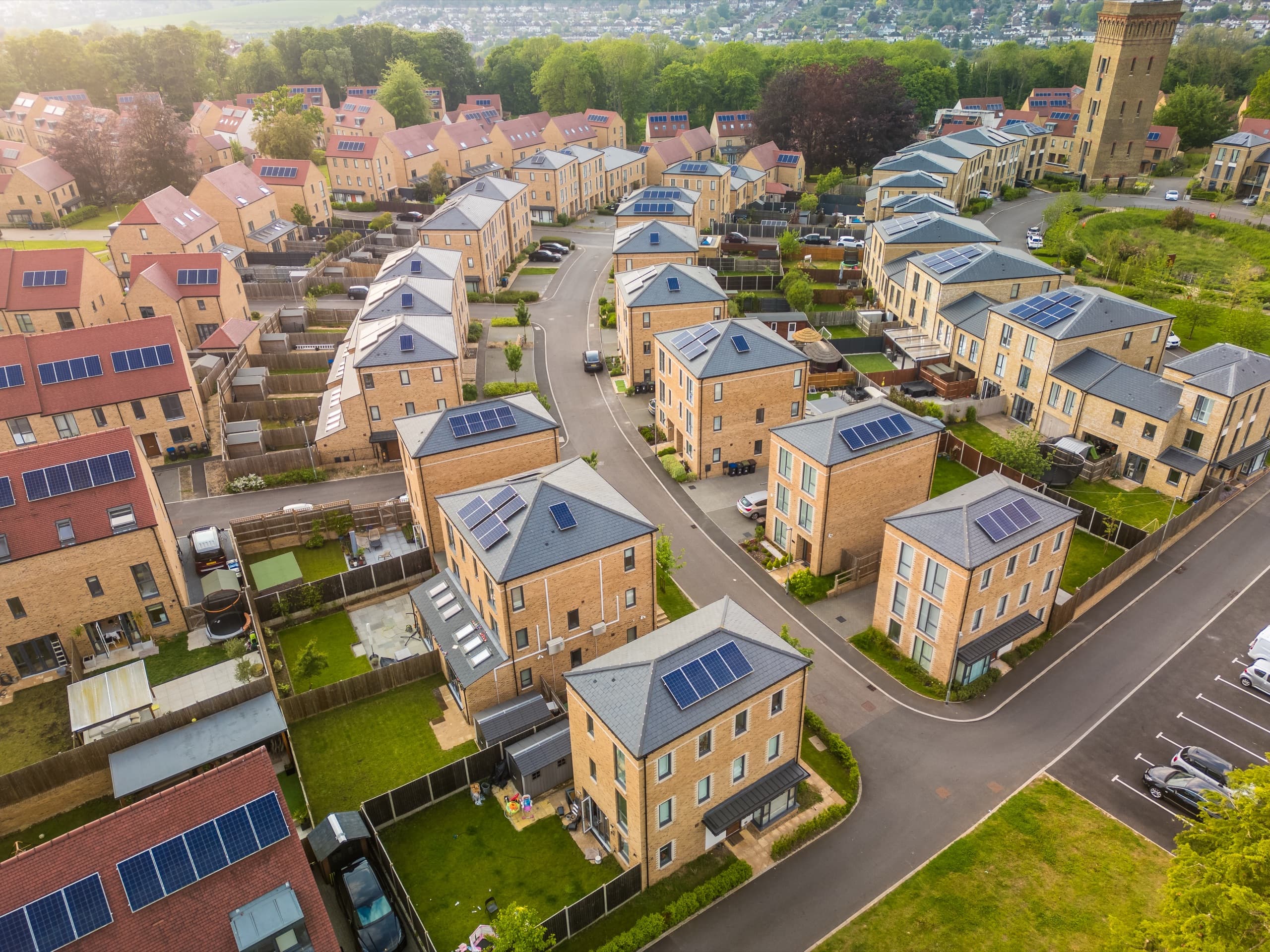 Aerial drone view of residential development